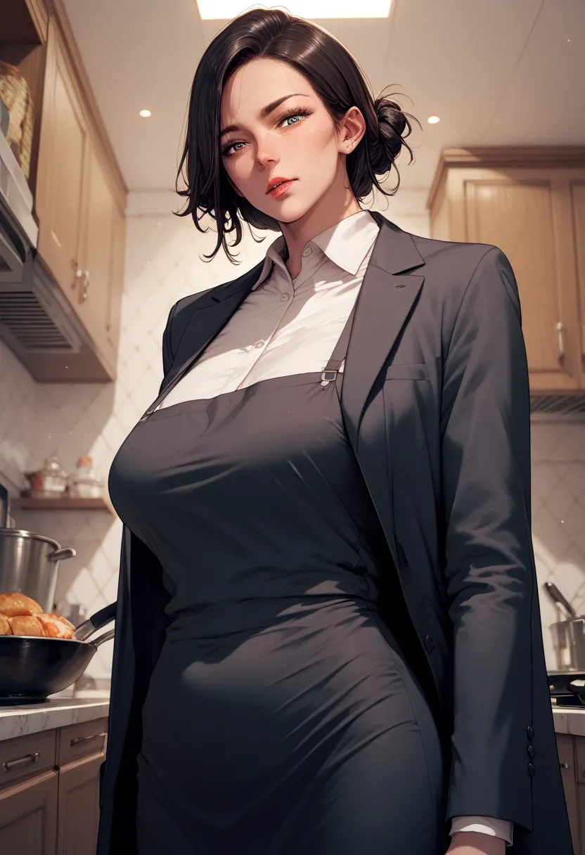 milf, coat, suit, apron, skinny, look down, look at viewer