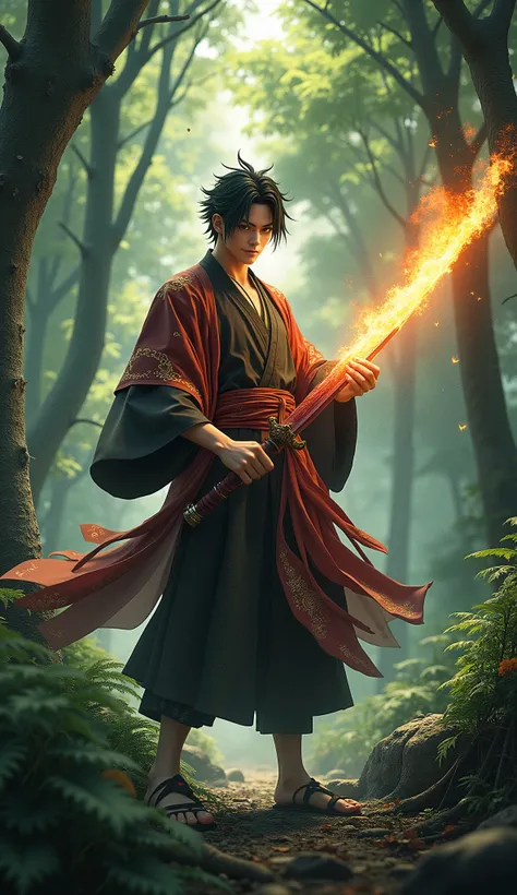 A person like Kamado Tanjiro
Flaming Sword
In the woods
3D conversion
8K