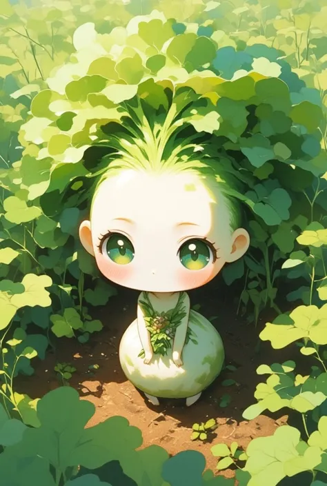 A white-skinned cute daikon lady in dress made of daikon skin. green leaves hair. looking up at the camera. from above. The lower half of her body is buried under the soil of the field. fantasy art, watercolor painting