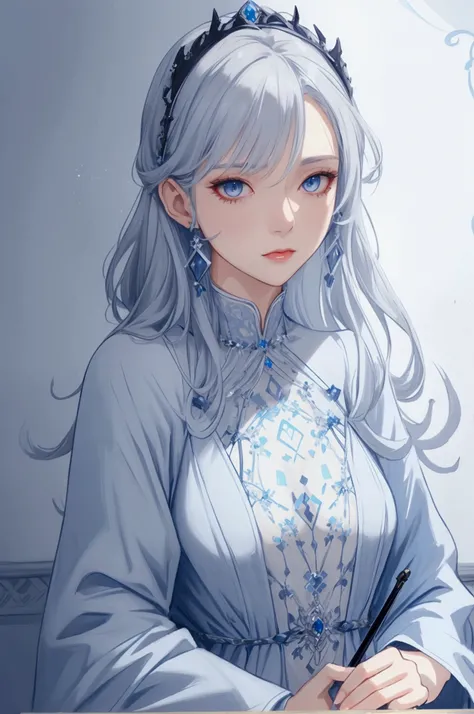 Sexy mature mother, gray hair, dark blue eyes, clothing mix between modest tunic and witch dress, light blue and white reserved dress, 8k, homey background, small tits, drugs eyes, anime style
