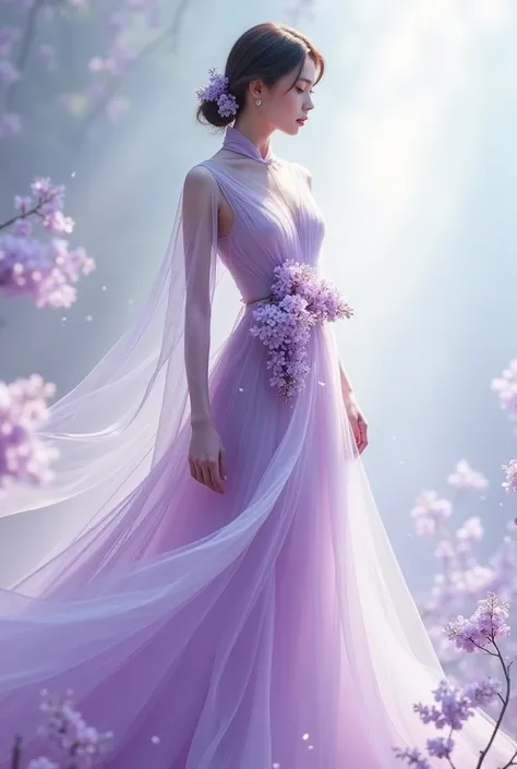 Transparent collared long dress with lilac flowers 