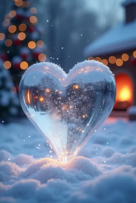 Transparent snowball in the shape of a heart on Christmas background 