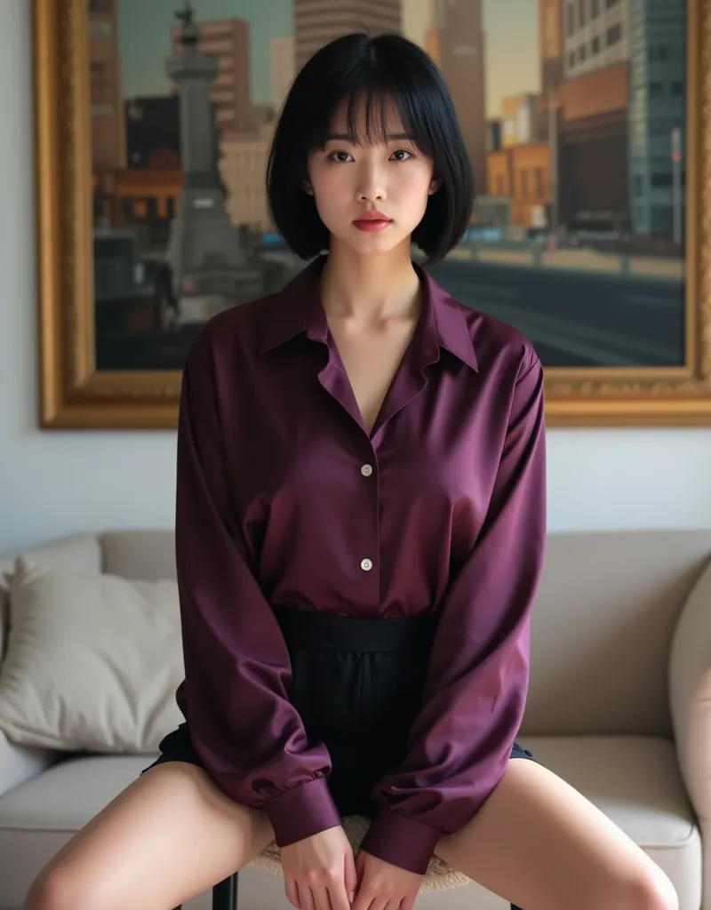 an attractive asian model with short bob black hair is wearing a man's oversized satin deep purple shirt and a black mini skirt,...