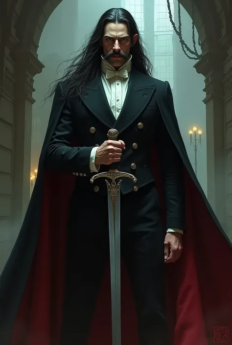 Making image of Vlad Dracula with sword and big and browd moustache long hairs in 1900 in double coted suit. dark fantasy 