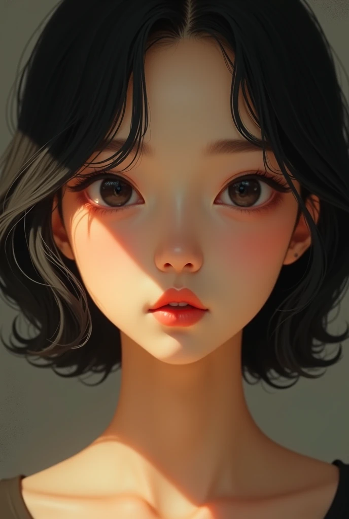 She is an Asian girl with yellow skin, a flat nose, a slightly thin face, black hair, full lips, and average looks.