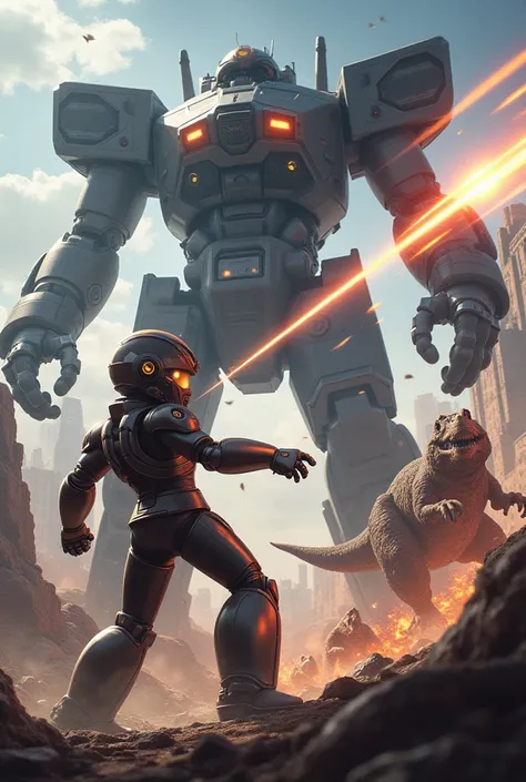  Create a promotional poster with the image of a teenager in Megaman armor fighting against robotic dinosaurs and a giant war robot and add the caption "Final chapter episode 15 The Final Battle "