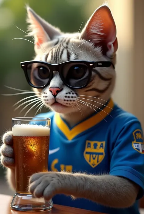 A cat wearing the Boca Juniors t-shirt with sunglasses drinking beer