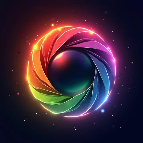 logo in a circle reminiscent of a camera lens. Brightly colored (red, green, violet, blue, orange, yellow), diffuse light spots