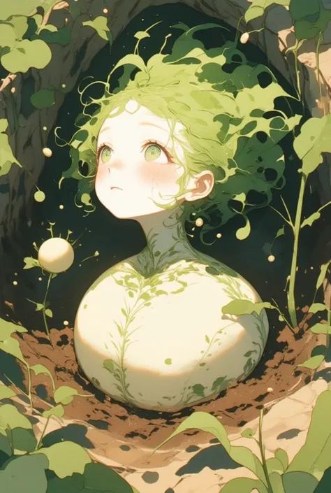 A white-skinned cute daikon lady buried in the soil. green leaves hair. looking up. fantasy art, watercolor painting