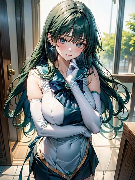  close，  1 girl，  Sailor Neptune， （Sailor Warriors：1.2）， （Aqua Eye：0.9）， Dark green hair，  Medium Hair ， Wedge skirt，  best quality，  earrings for a woman alone， masterpiece，  high definition ，  intricate detail dealing with 3 tentacles， （reality）， photo s...