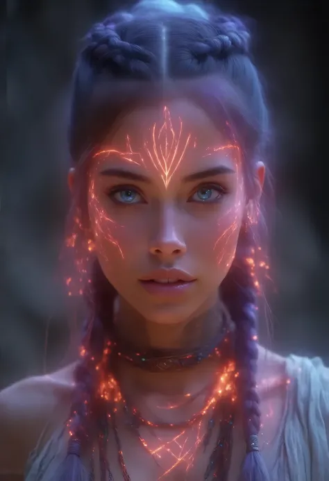 A futuristic, cyberpunk-style portrait of a young woman with intricate braided hair, glowing facial tattoos, and piercing blue eyes. Her face is adorned with neon-red tribal markings, bioluminescent freckles, and metallic piercings. The lighting is cinemat...