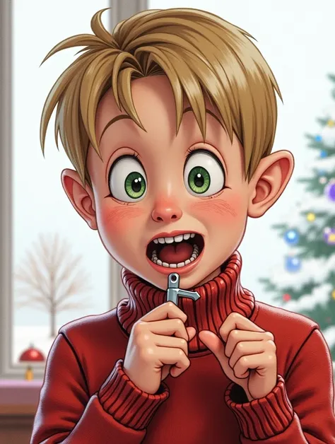 A detailed illustration of Kevin McCallister, an  boy from the movie Home Alone. He has blonde hair and is wearing a red sweater. The background shows a cozy Christmas-decorated living room with a large window and snowy view outside. Kevin has a surprised ...