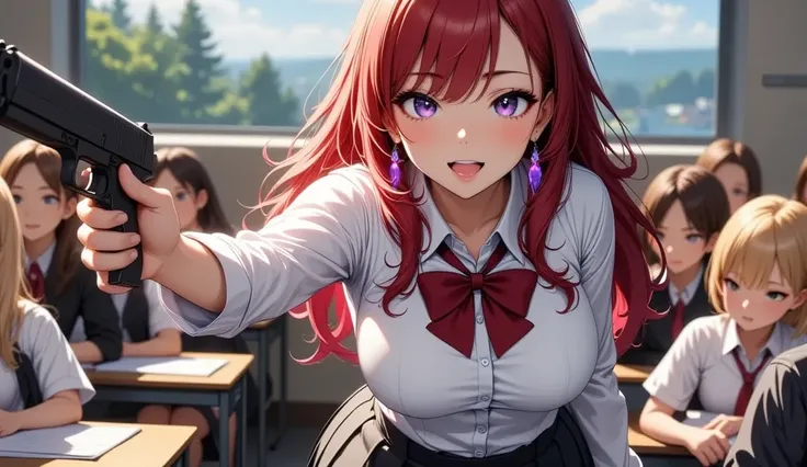 (masterpiece、 please redeem 、 Very detailed))、 one girl、Improve、 RED GRADIENT HAIR 、Long Hair、 bright purple eyes、wicked smile、(( open your mouth))、(( lots of earrings))、(( Big Breasts ))、(( White Collared Shirt ))、、Bow tie、(( black pleated skirt))、(( mini...