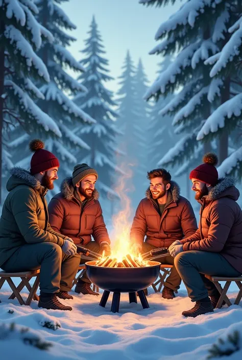 5 jeunes hommes autour dun barbecue dans une forêt enneigée. 