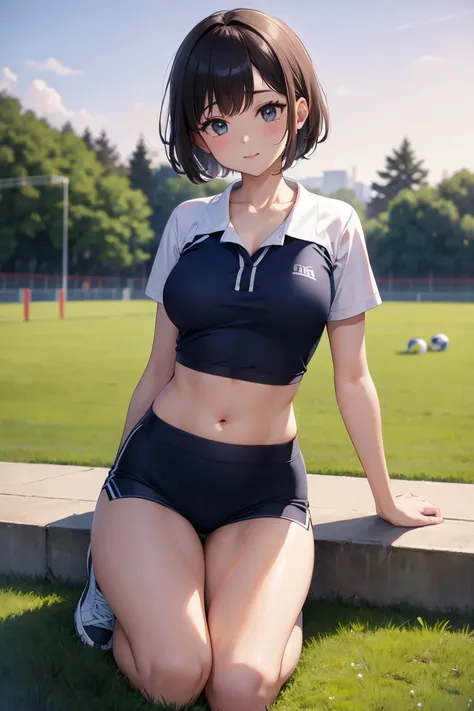 (8k、 best quality、masterpiece:1.2)、(1 girl:1.0)、(short hair:1.0)、(pink sport wear:1.0)、( body line :1.0)、(full body:1.0)、( school ground)、(evening)