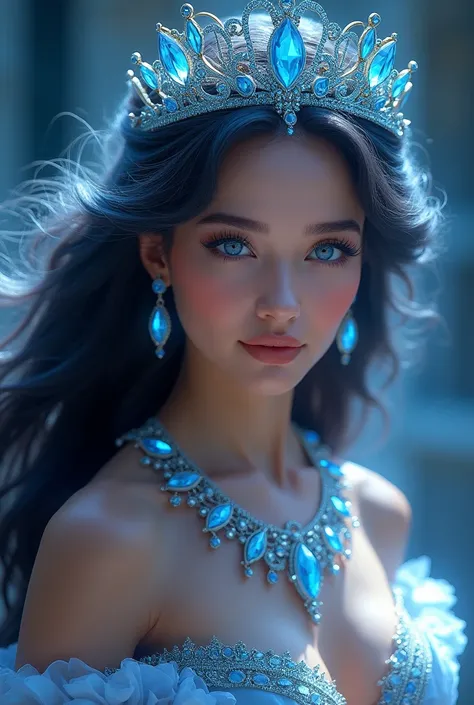 "The image of a lady with long, beautiful hair, wearing a large, sparkling tiara with blue stones. Her blue and silver jewelry shines beautifully in the light, her hair is beautifully arranged around the tiara, and her eyes are blue."