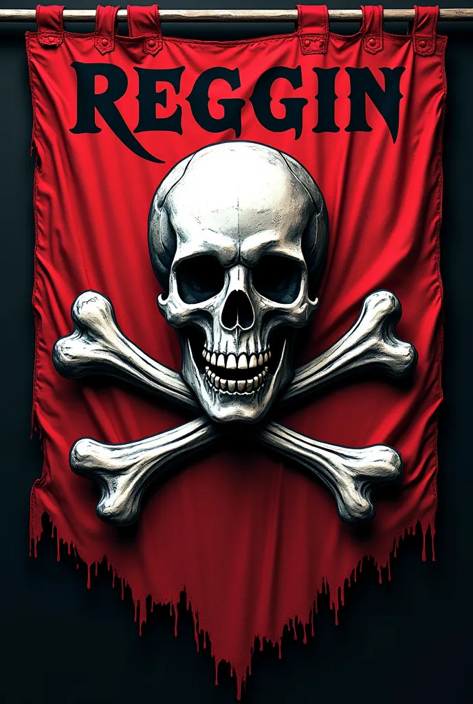 Pirate flag with crossbones with the name reggin, and skeleton black skeleton