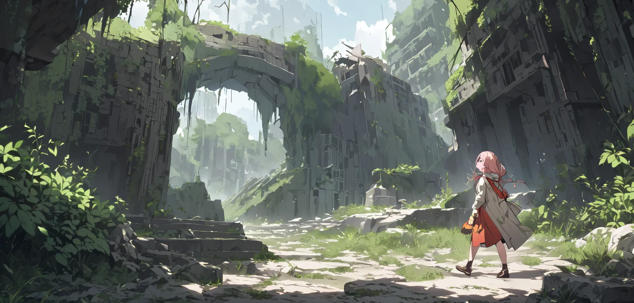 a girl walks through a ruined city　nature　utopia