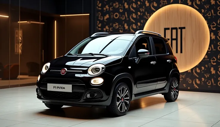 Fiat panda 2025 in Black colour at the showroom with monogram and names of this car back ground 