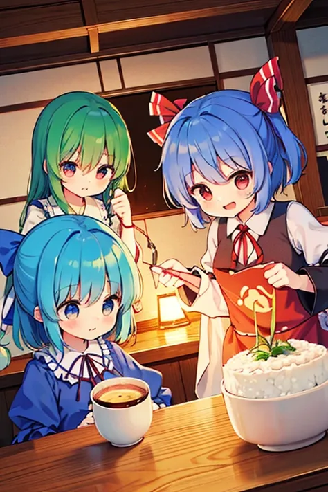 Cirno (touhou) group is spending New Years Day watching the first sunrise of the year. They have their first dream of the year, calligraphy, and enjoy rice porridge with seven herbs.
They are participating in Coming of Age Day with their fellow characters ...