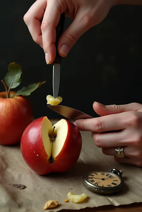 Apple peeling with a knife and an antique pocket watch arte vanitas
