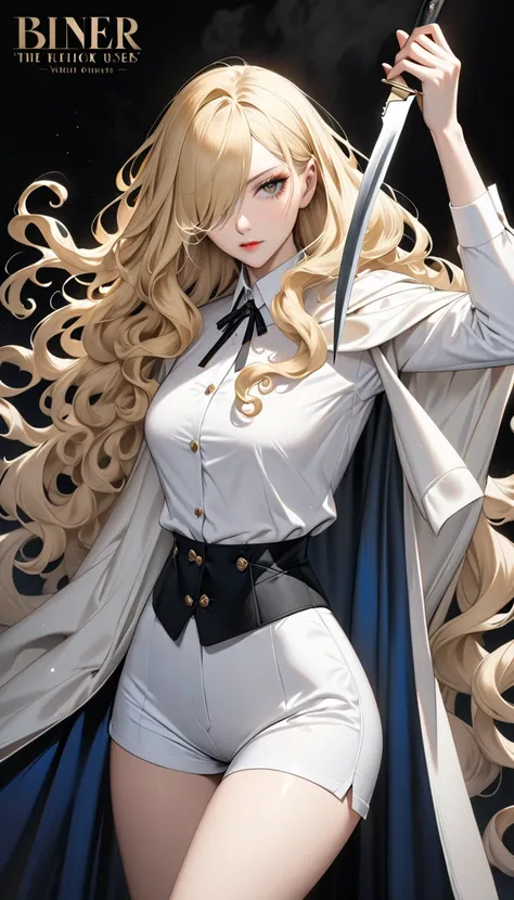 solo。
 realistic drawing。High image quality。 High Quality 。Slender Slender 。British women。 blonde hair 。Long fluffy curly hair。（Cover one eye with hair）。Vertical side hair。gorgeous cloak。 Elegant Outfits 。 shirt and hotpants。｛ The Killer Who Uses a Knife｝