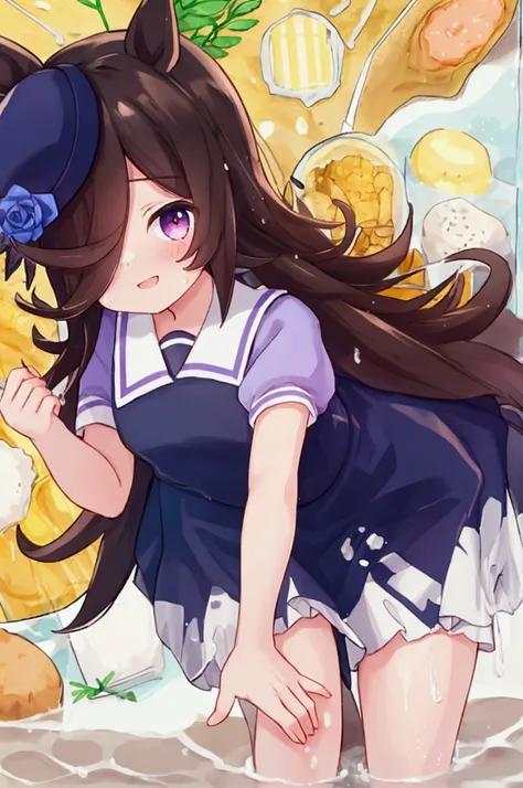 girl,umamusume,rice shower,smile,hat,navy dress