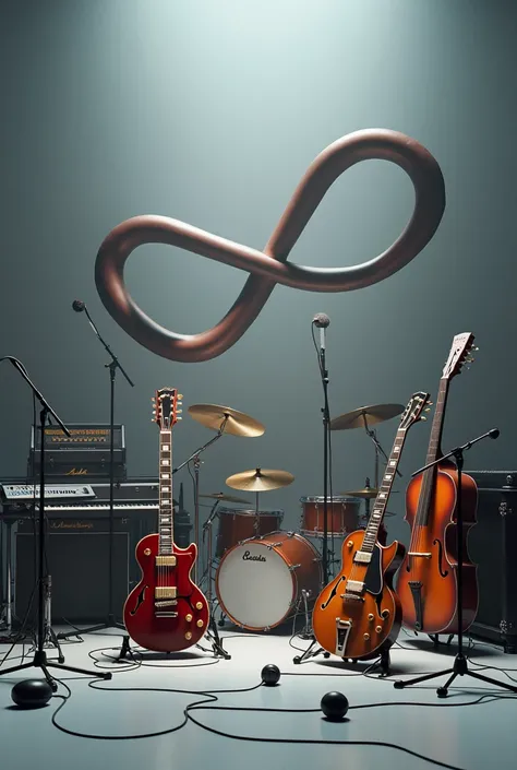 The instruments and microphones are gathering, arranged to resemble the shape of an infinity symbol, the infinity symbol lies on its side, 