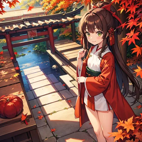 shrine maiden costume, 1girl, solo, autumn sky, autumn leaves, Kyoto, light brown hair, long hair, dark green eyes, fox spirit, flat chest, slim figure, smile, perfect anatomy