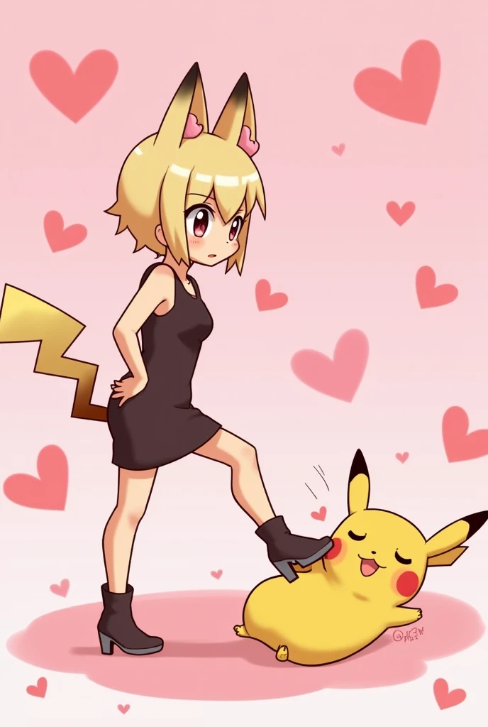 Sa in a bodycon with cat ears and cat tail々Kiki is stepping on Pikachus stomach, which blushes while laughing self-deprecating 、 Im stomping on a blushing Pikachus stomach with high heels、The background is cute pink with lots of hearts 