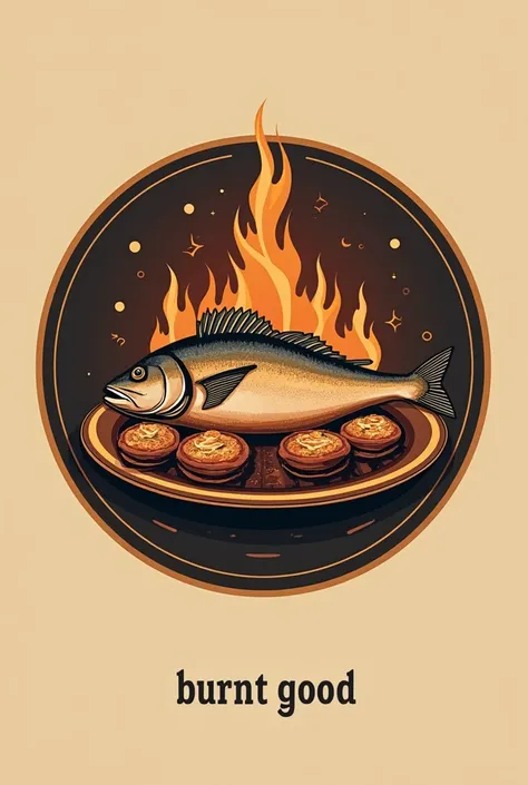 Elegant “vector grilled fish dining house” logo, ,  fresh dominant colors brown and gold,  with the inscription “burnt good” 