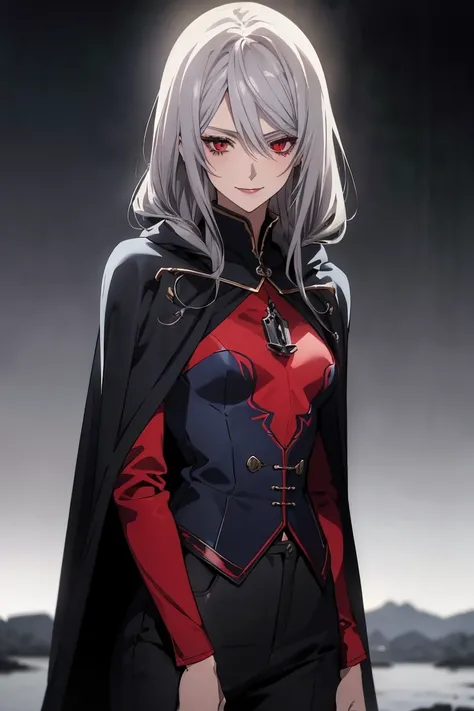 (Confused, High resolution, Very detailed), 1 female, Silver Hair,Long Hair,Bright red eyes,navy blue formal,24th generation,beauty,vampire,mature,thin,quiet,Calm,A small smile,A kind smile,In front of people you like,Long Cape,Slender and thin,boots,skinn...