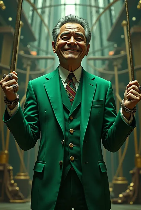  full-body image of a pagan money god,  dressed in a green suit and a face Jin Carrie ,  as if he were a comedian ,  5 powerful rings on his fingers , with sarcastic smile,  while imprisoning ren in a giant cage  