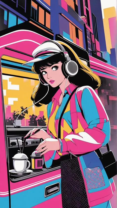 Cafe、 80s city pop style illustration、Woman with headphones 、 nostalgic