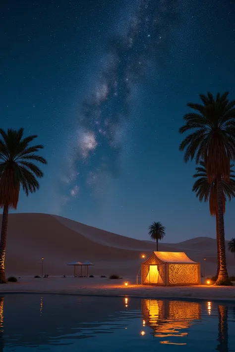 "A hyperrealistic depiction of a serene desert oasis at night, surrounded by towering sand dunes under a star-filled sky. The water in the oasis reflects the Milky Way with incredible clarity, while softly glowing lanterns hang from palm trees. A lone, int...