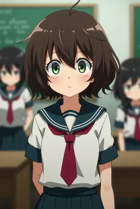 Captura de pantalla de My Hero academia.
 A brunette girl with short wavy brown hair, green eyes and a sad expression  .
 She wears a uniform of the U .a. In the background a class of the U .a 