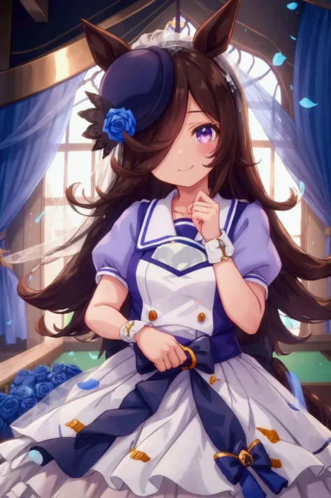 girl,Uma Musume,rice shower,smile,hat,navy blue  dress,wedding dress,church