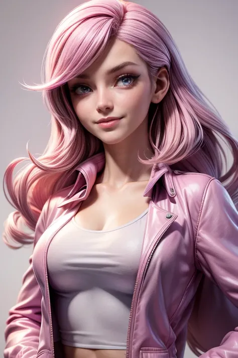 Young woman, light pink hair, violet eyes, short jacket,  wry smile ,  well-fitting blouse , face to the camera,  Dynamic pose ,  masterpiece, super detail,  lyrics, Iluminación natural,  sharp focus,  ultra resolution ,  plain white background , without p...