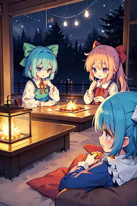 Cirnos group (touhou) On a snow-covered winter night, many Cirnos are eating tangerines at the kotatsu.