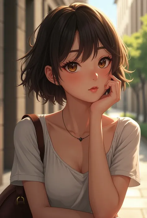 Girl, short hair, deep brown hair color, almond eyes shape, brown eyes, medium skin tone color, college, casual outfit 