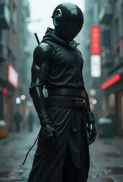 live-action、 real、 ninja-based android 、Black coloring 、 slender muscular male body 、 Cyberpunk、 an artificial brain is visible with a semicircular part that is transparent above the head、
