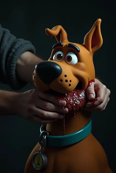 Scooby Doo being choked, a hand grabbing Scoobys throat and squeezing his throat, strangling him