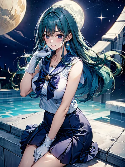 ((HD Real,  level)),  Sailor Neptune Uniform , masterpiece,  best quality, High image quality, ,, Sailor warrior uniform medium chest,  white gloves,  Blue Sailor Color ,  blue skirt , Star Necklace,  armrest gloves,  pleated skirt,  Blue High Heels ,  pur...