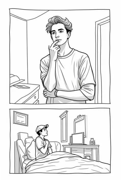 Black and white line drawing storyboard of a teenage man in his room thinking what he should do with his savings