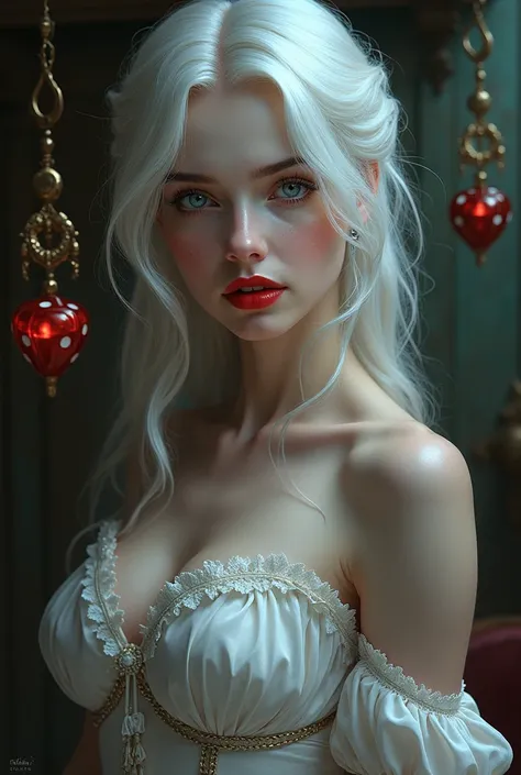 Beautiful woman with blue eyes and white hair.  Red lips. Game dice in the background. Bridgerton. Vampir 
