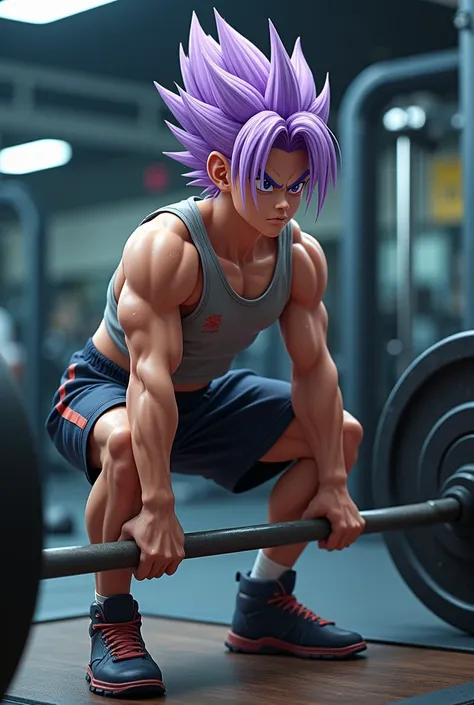 Trunks character from dragon ball z doing squats with a barbell, showing the bar and weights, fitness gym environment