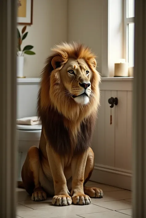 A lion is sitting in the bathroom