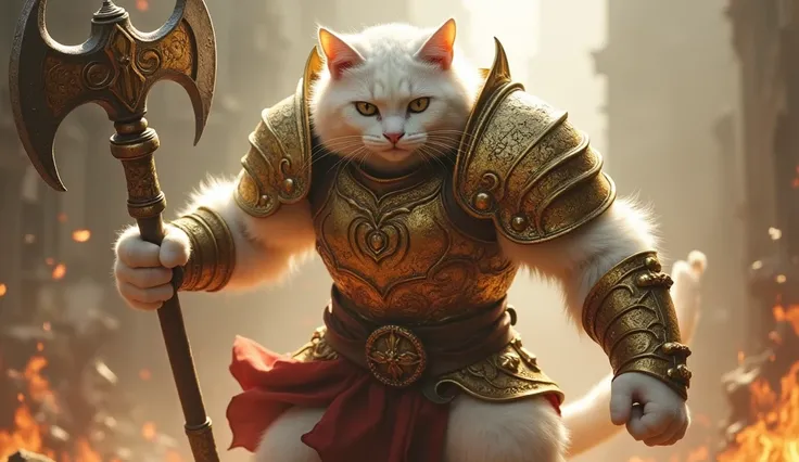 giant white cat warrior, wearing golden armor, holding golden axe, furious, battle arena, ultra realistic photography