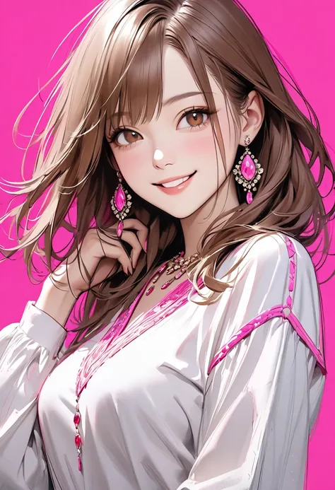 Ultra-realism,Realistic ,sketch , One Woman,happy and smile , Neon long brown Hair, luxerly jewelry ,textured trim (masterpiece, best quality), neon pink background ，Rough sketch like the watercolors of ink brush strokes drawing，From the chest up， Long Sle...