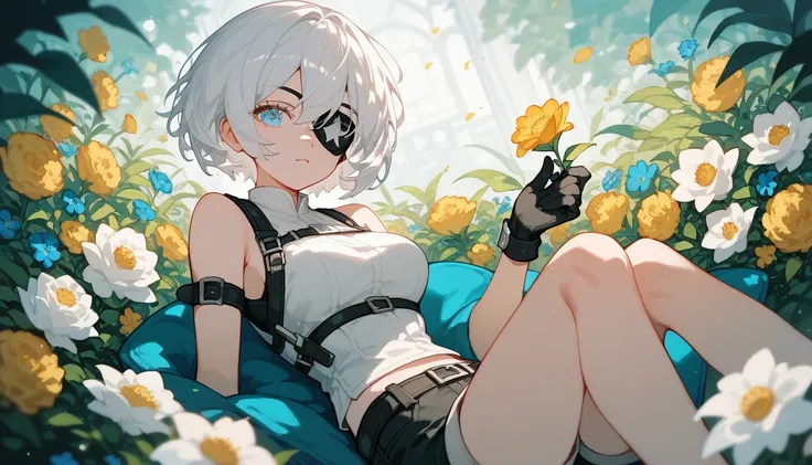  ,White hair, short hair, bob , eyes patch, in blue eyes, medium breasts,Dark circles under the eyes,cute,Wearing black gloves ,Sleeveless shirt, shorts,Sit down and watch the flowers.,Flickering eyes 